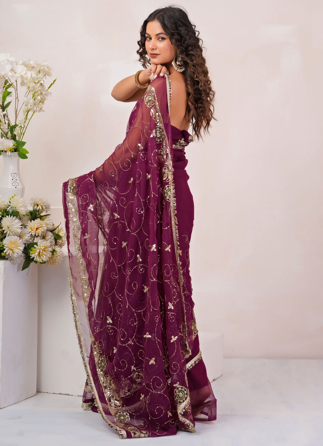 Wine Embroidered Georgette Saree
