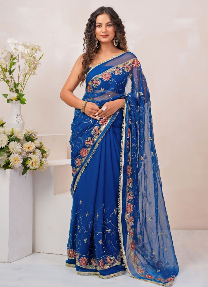 Royal Blue Embroidered Georgette Saree