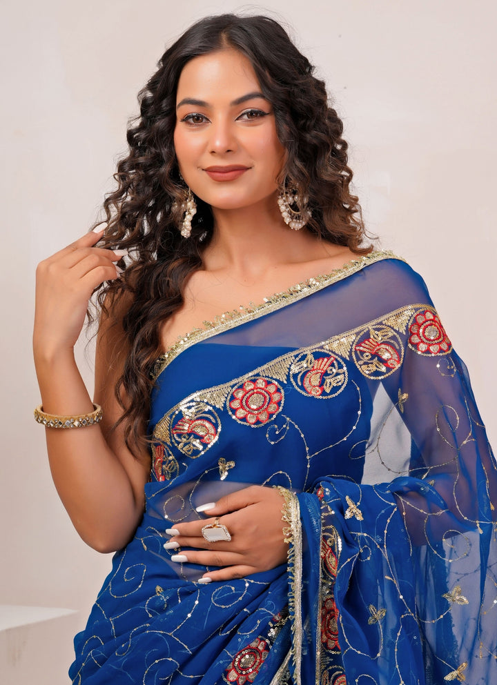 Royal Blue Embroidered Georgette Saree