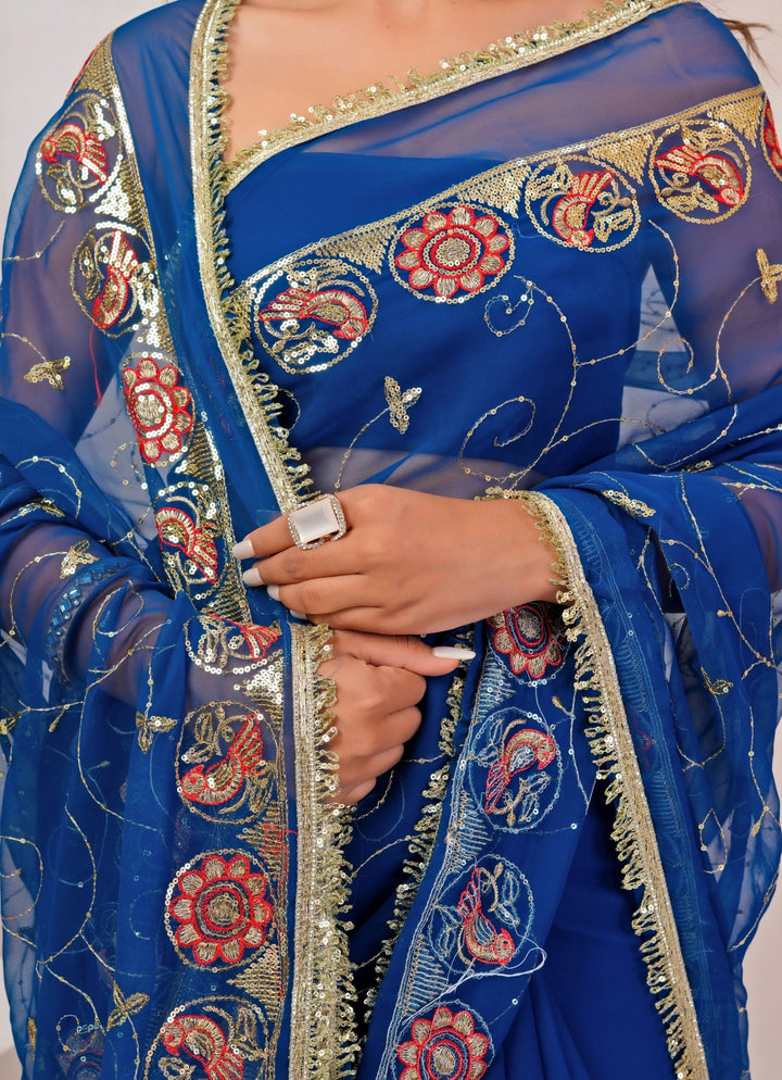 Royal Blue Embroidered Georgette Saree