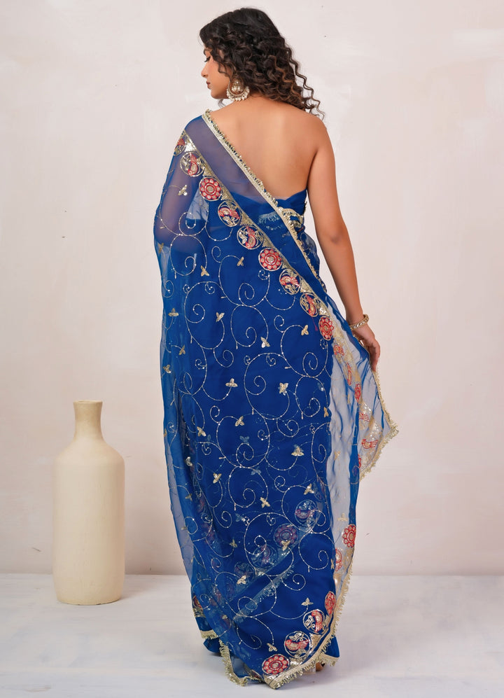 Royal Blue Embroidered Georgette Saree