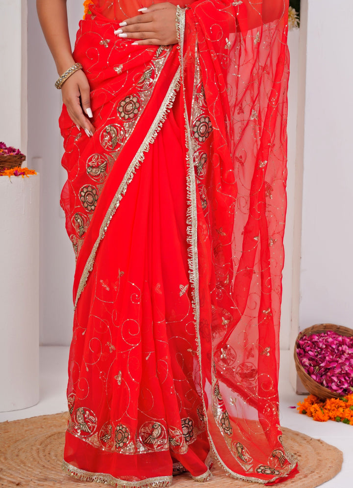 Red Embroidered Georgette Saree