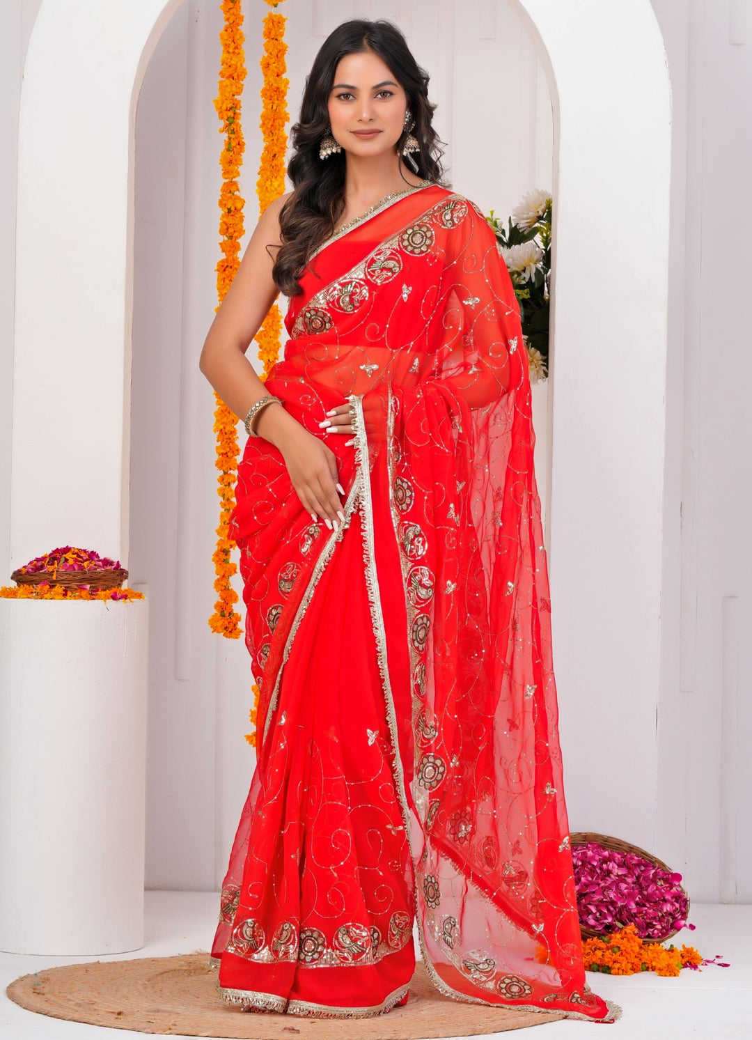 Red Embroidered Georgette Saree
