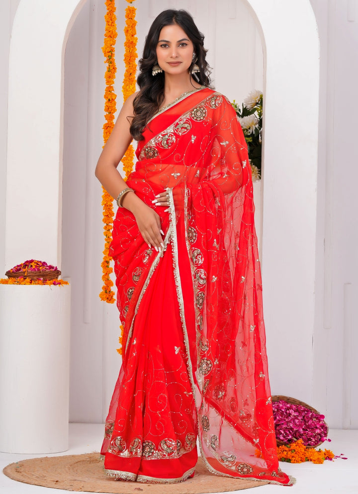 Red Embroidered Georgette Saree