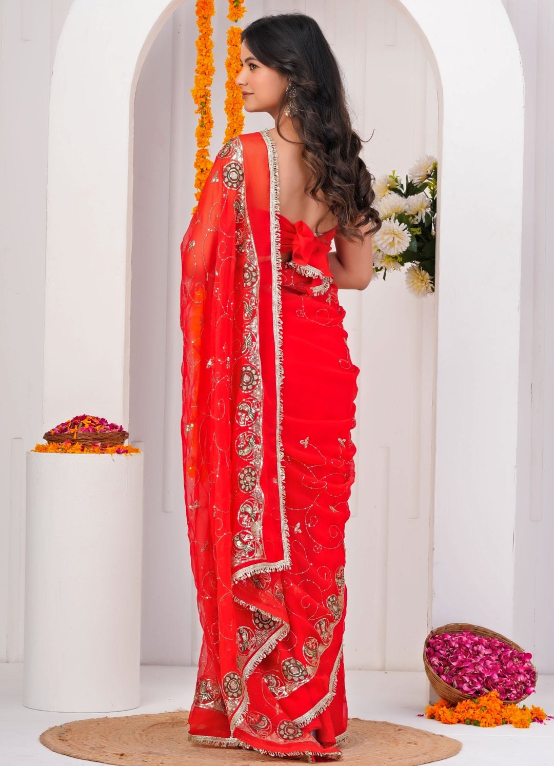 Red Embroidered Georgette Saree