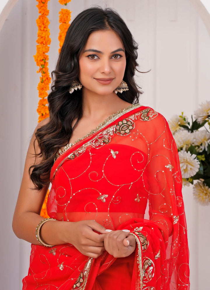 Red Embroidered Georgette Saree