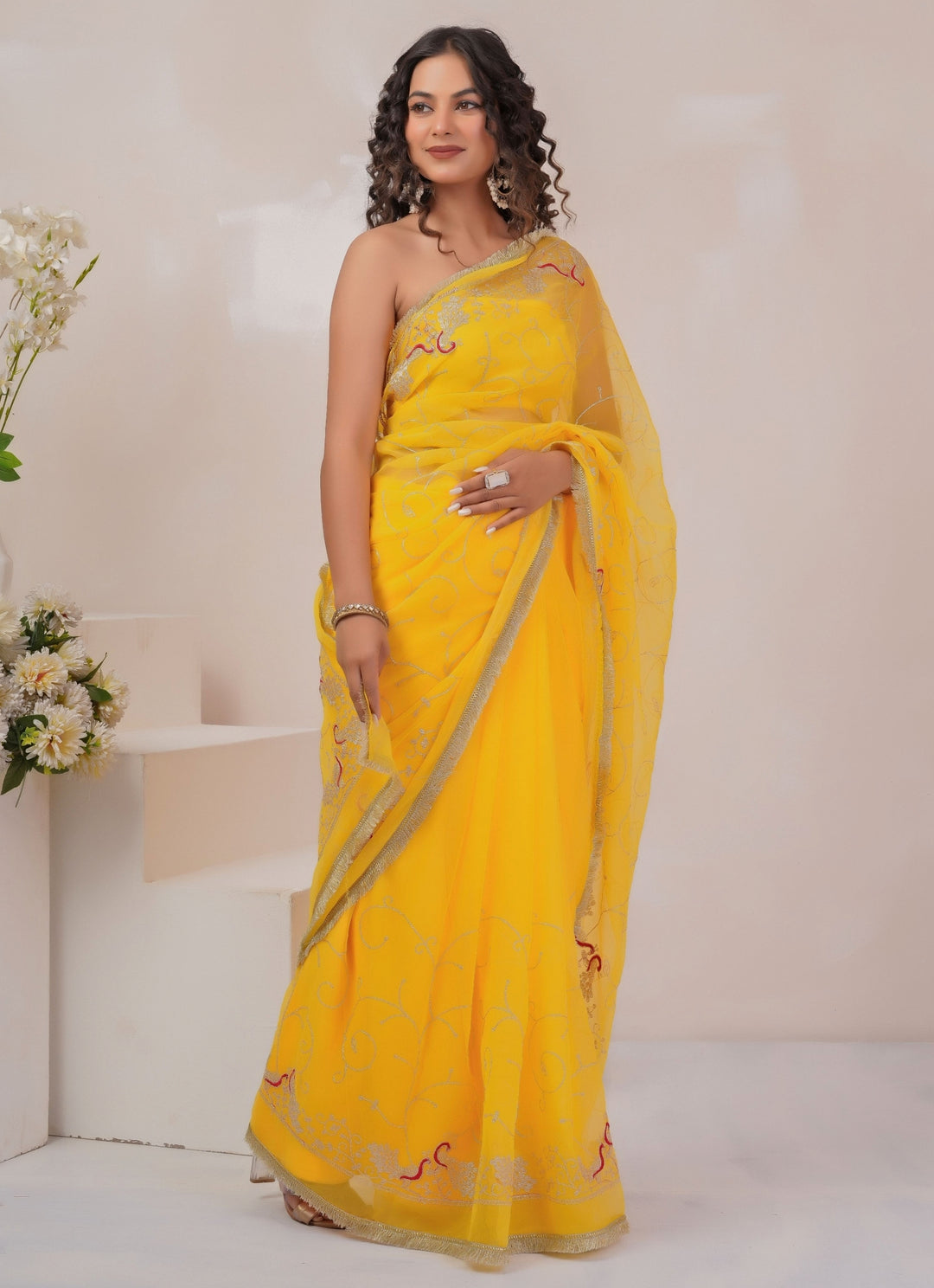 Yellow Embroidered Georgette Saree