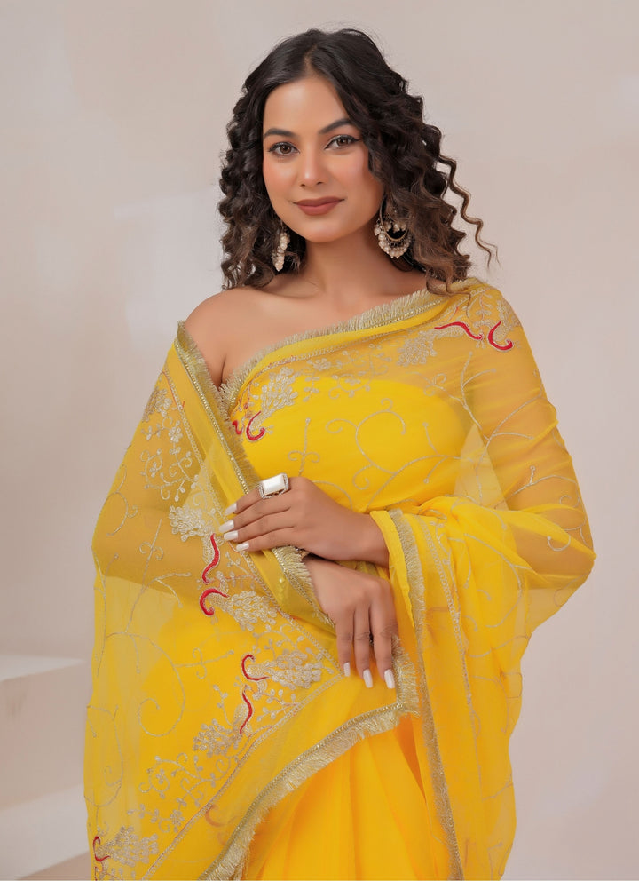 Yellow Embroidered Georgette Saree