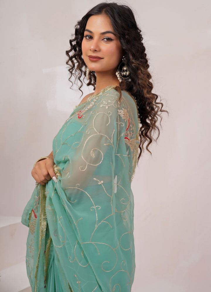 Blue Embroidered Georgette Saree