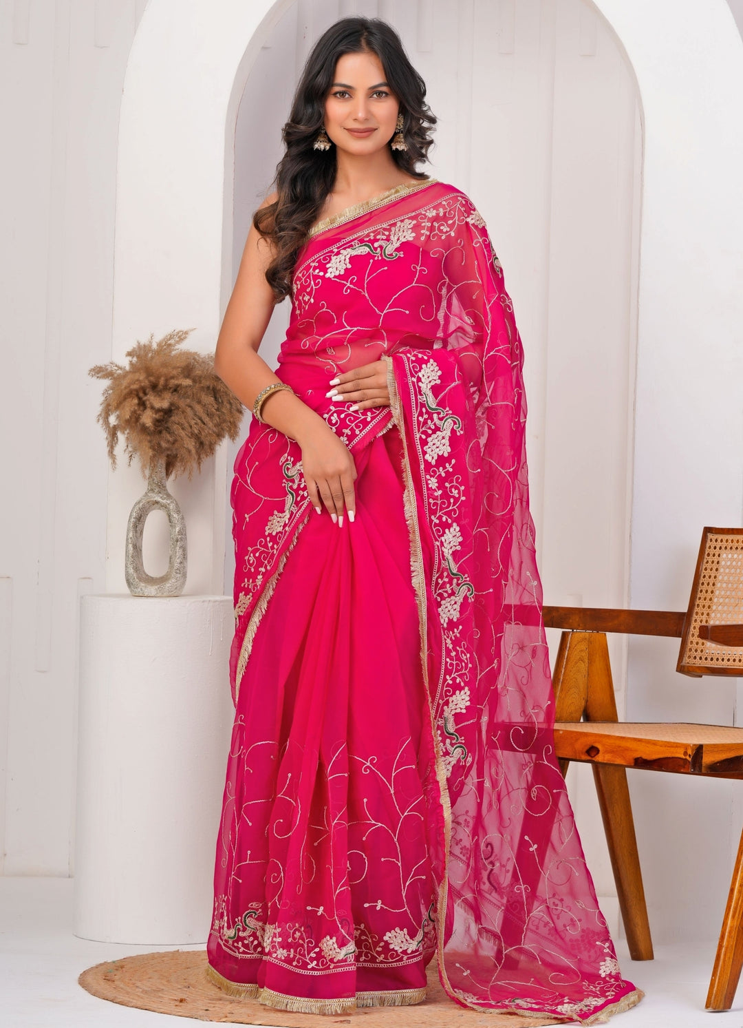 Hot Pink Embroidered Georgette Saree