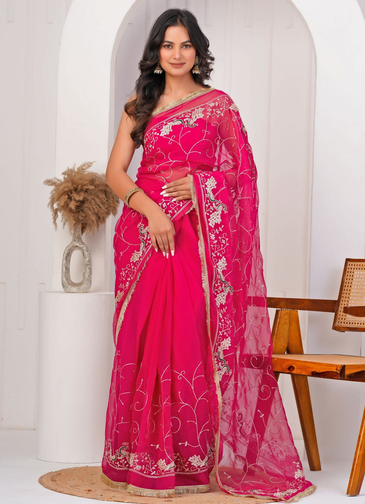 Hot Pink Embroidered Georgette Saree
