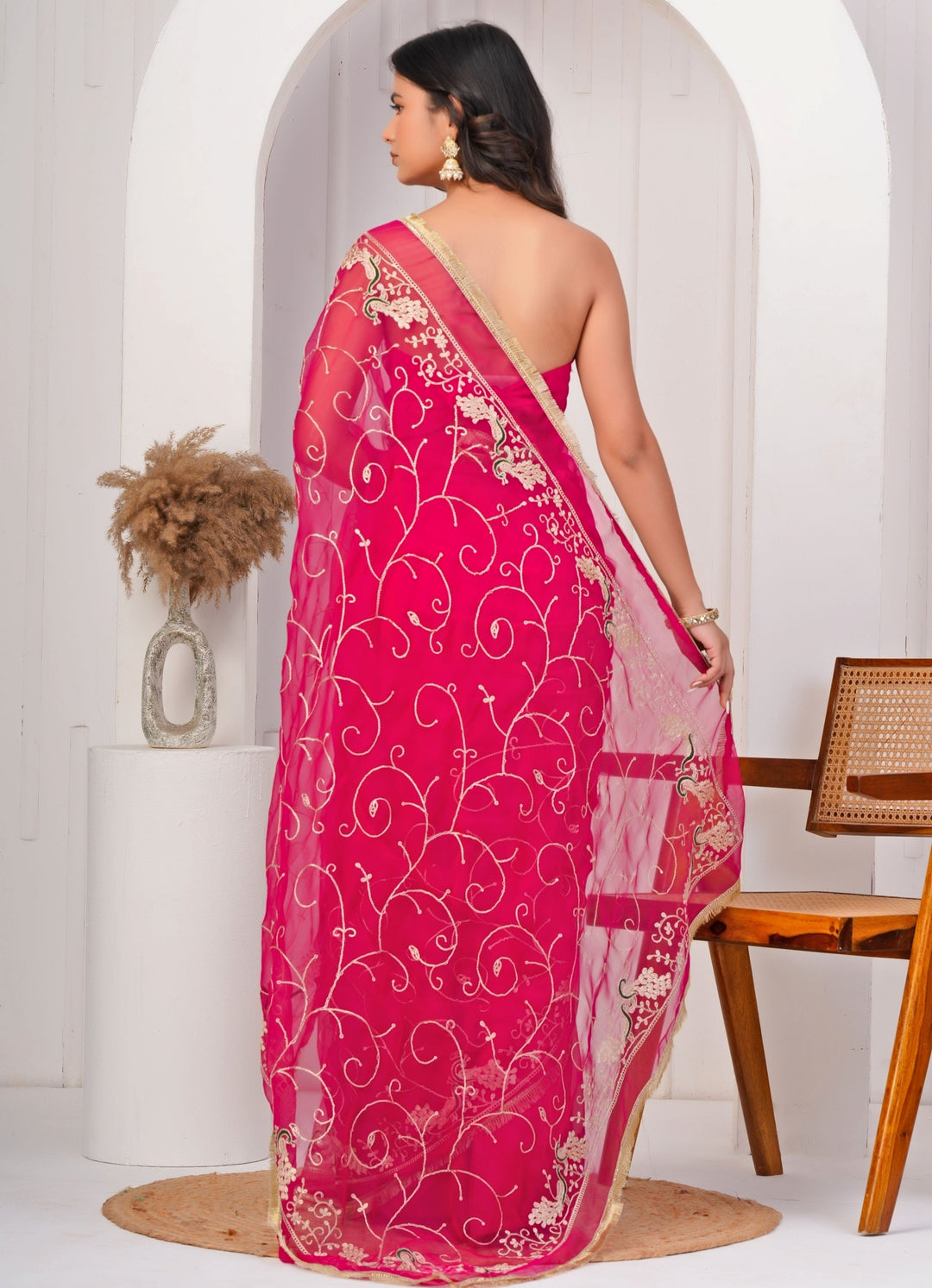 Hot Pink Embroidered Georgette Saree