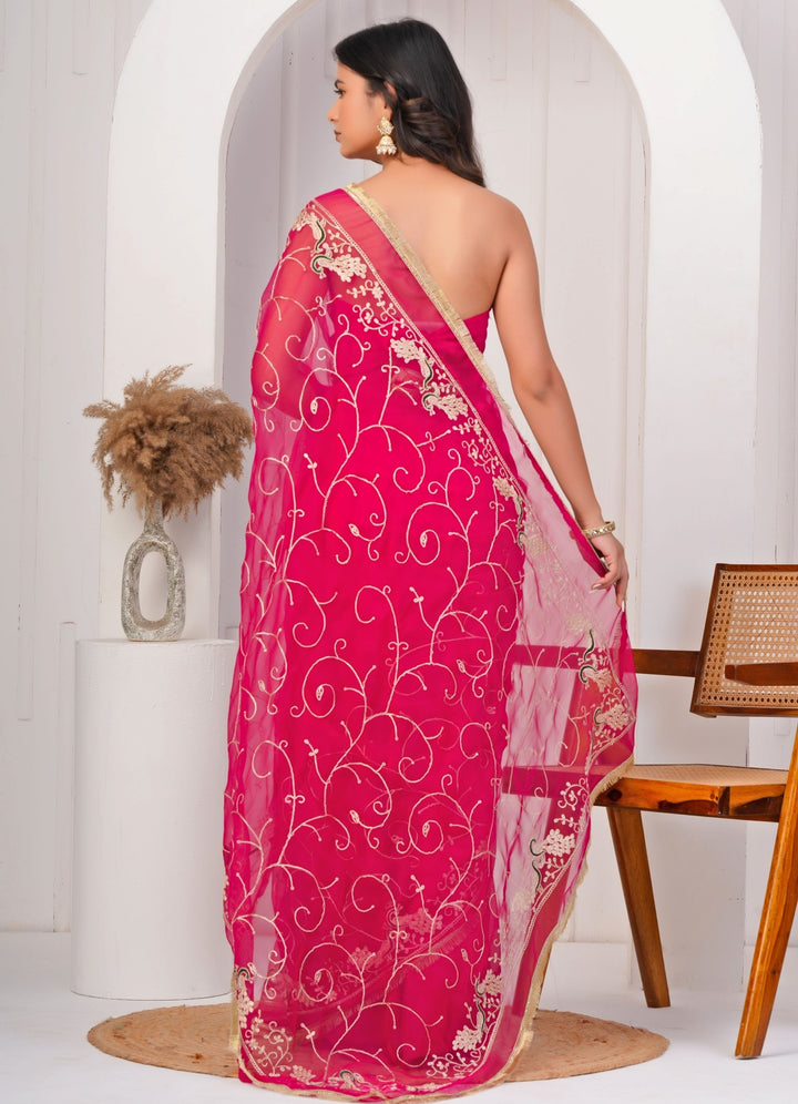 Hot Pink Embroidered Georgette Saree