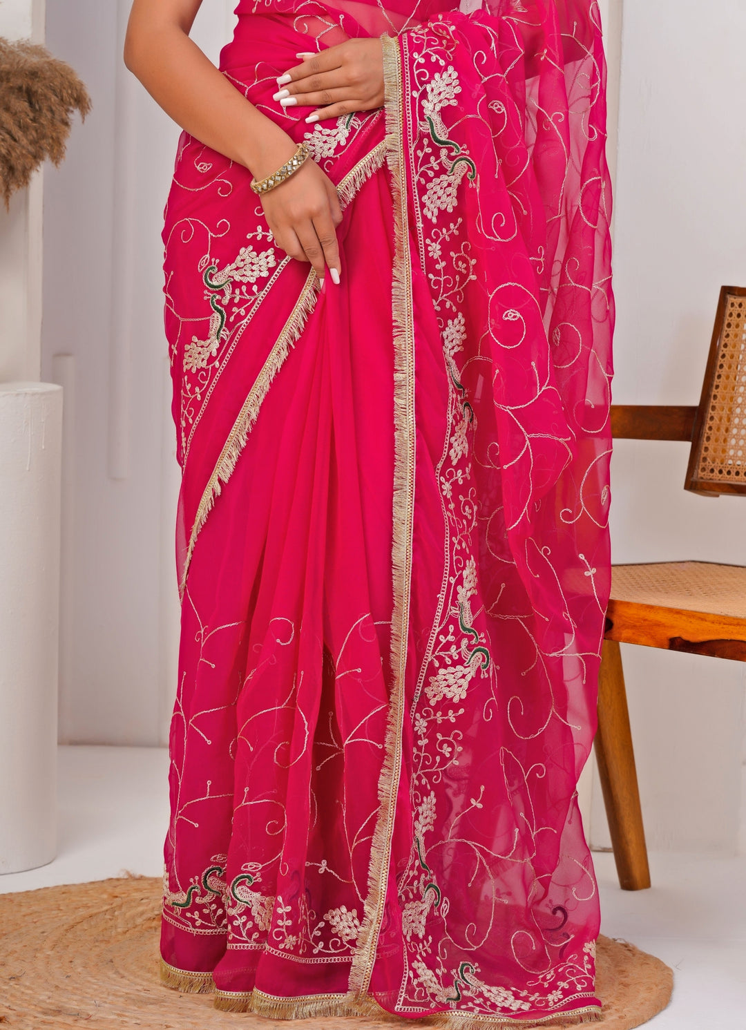 Hot Pink Embroidered Georgette Saree