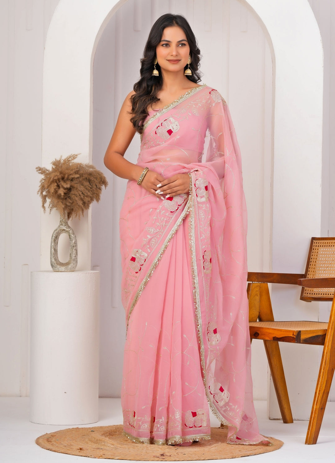 Pink Embroidered Georgette Saree