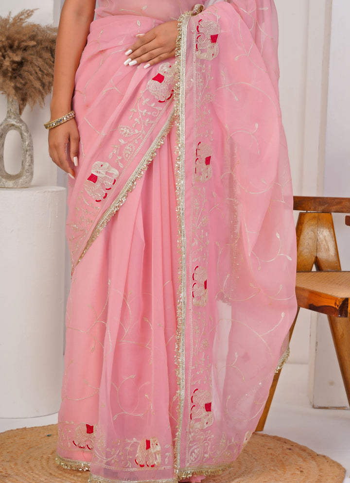 Pink Embroidered Georgette Saree