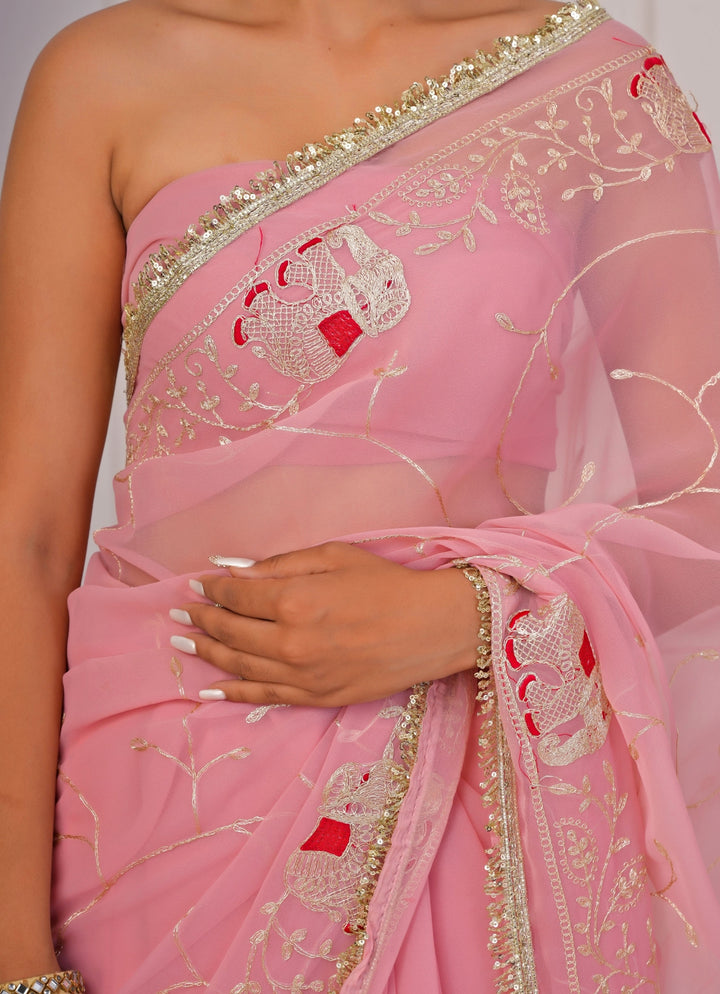 Pink Embroidered Georgette Saree