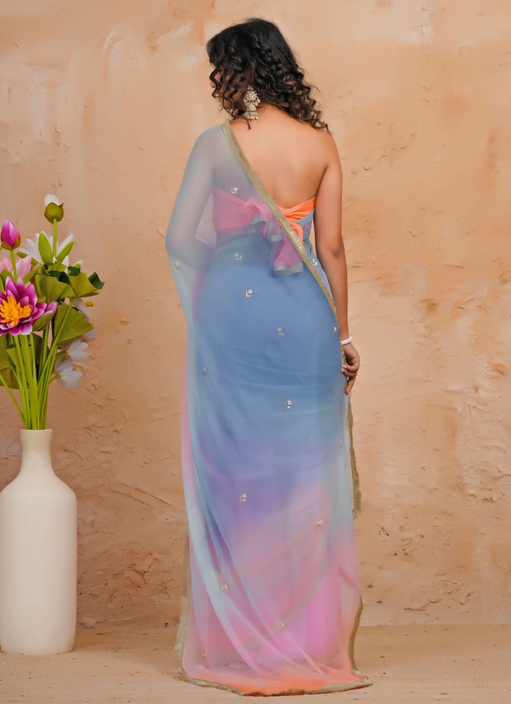 Blue &amp; Pink Shaded Chiffon Saree