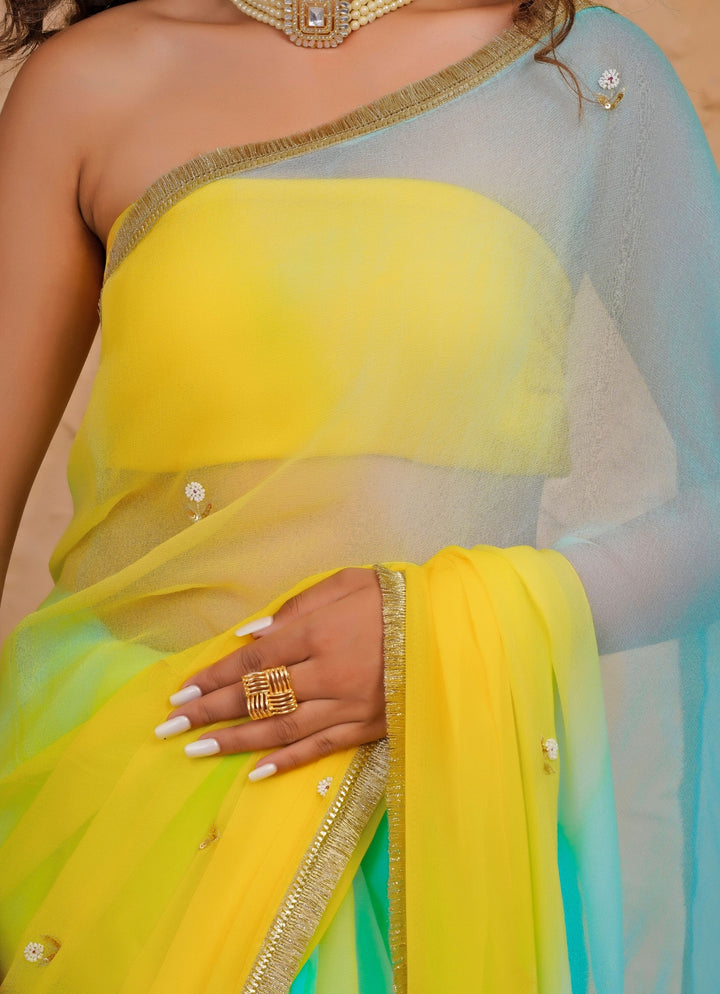 Blue &amp; Yellow Shaded Chiffon Saree