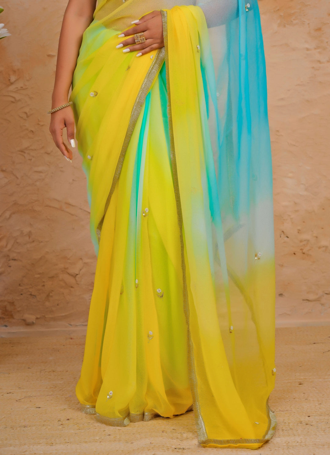 Blue &amp; Yellow Shaded Chiffon Saree