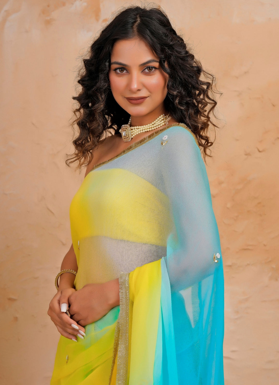 Blue &amp; Yellow Shaded Chiffon Saree
