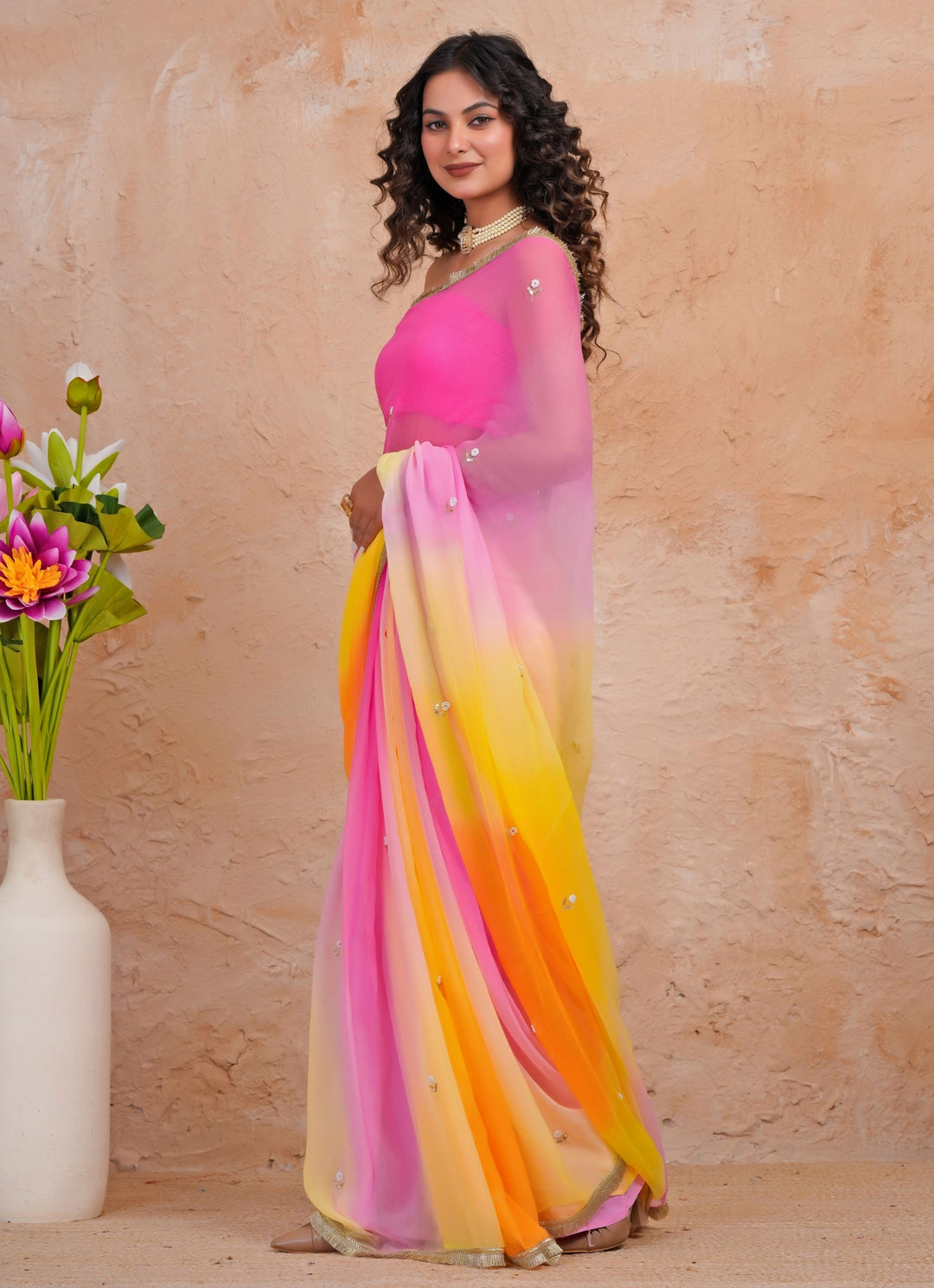 Yellow &amp; Pink Shaded Chiffon Saree