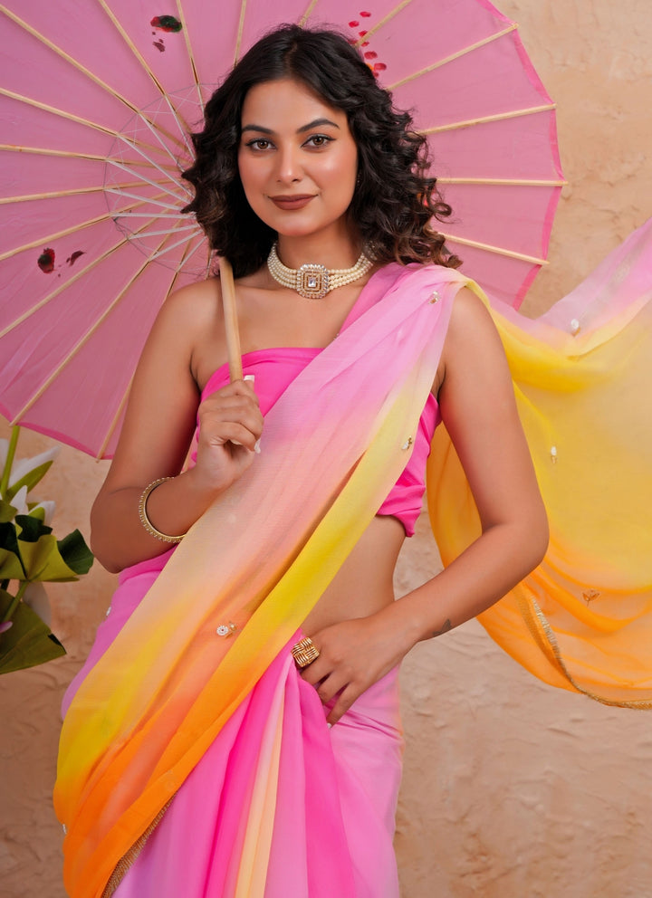 Yellow &amp; Pink Shaded Chiffon Saree