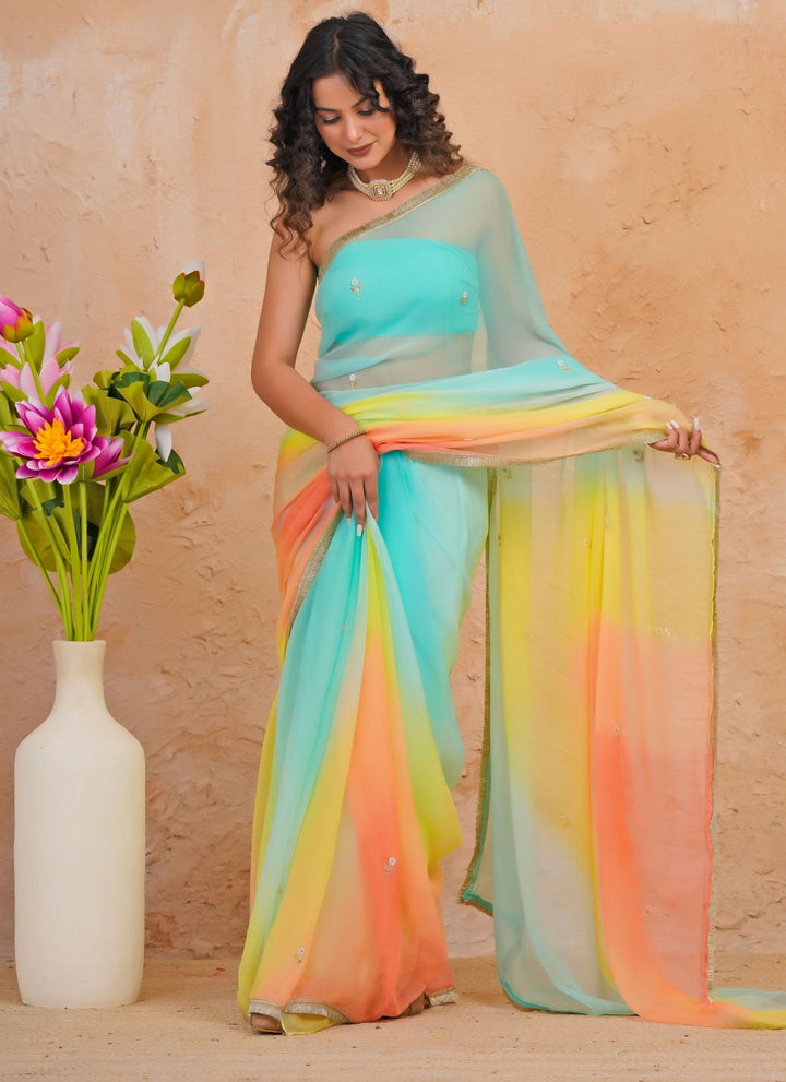 Blue &amp; Peach Shaded Chiffon Saree