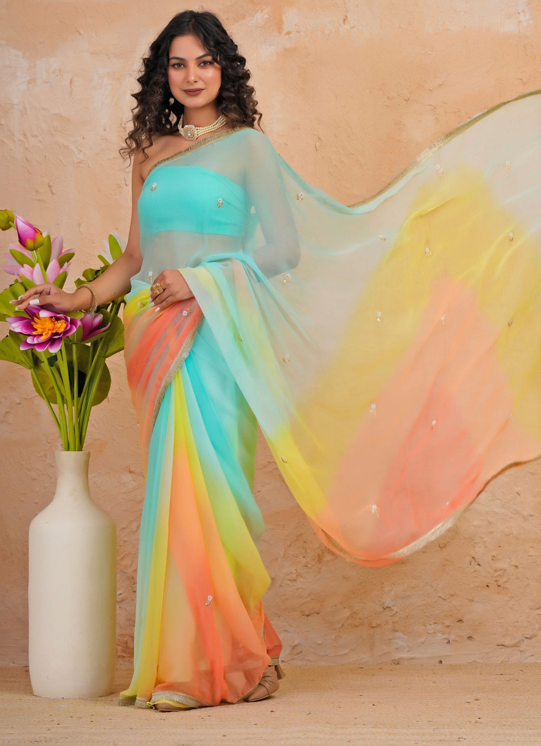 Blue &amp; Peach Shaded Chiffon Saree