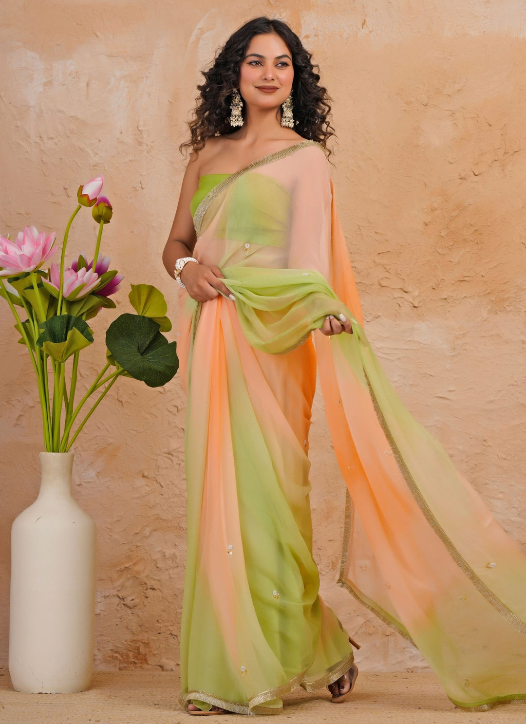 Green &amp; Peach Shaded Chiffon Saree
