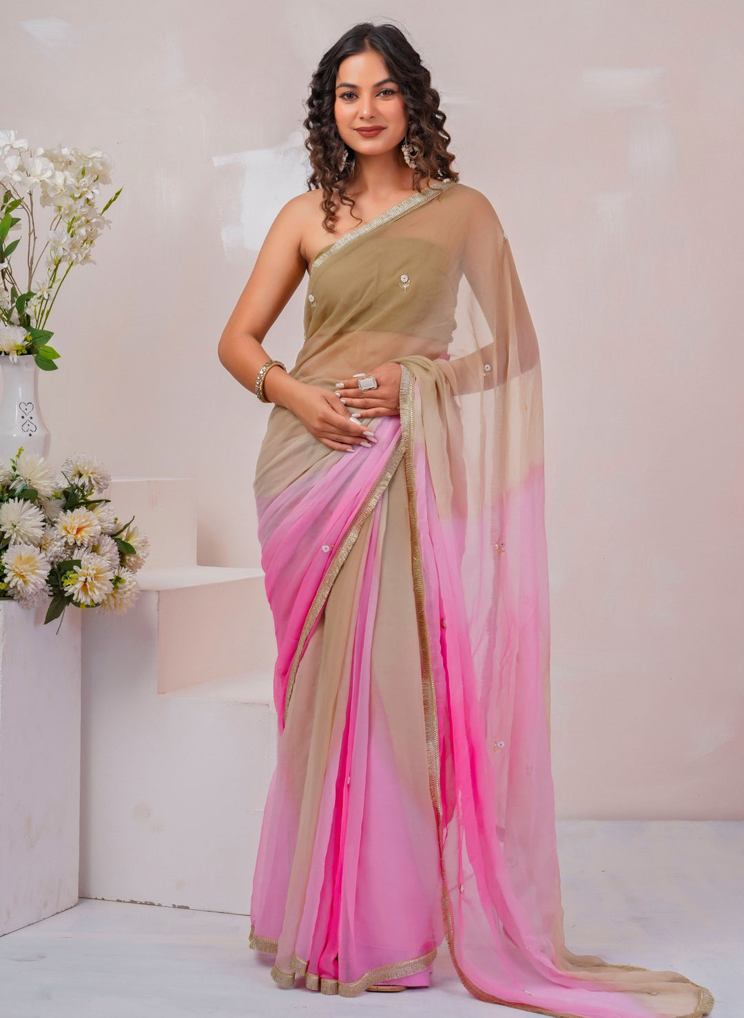 Beige &amp; Pink Shaded Chiffon Saree