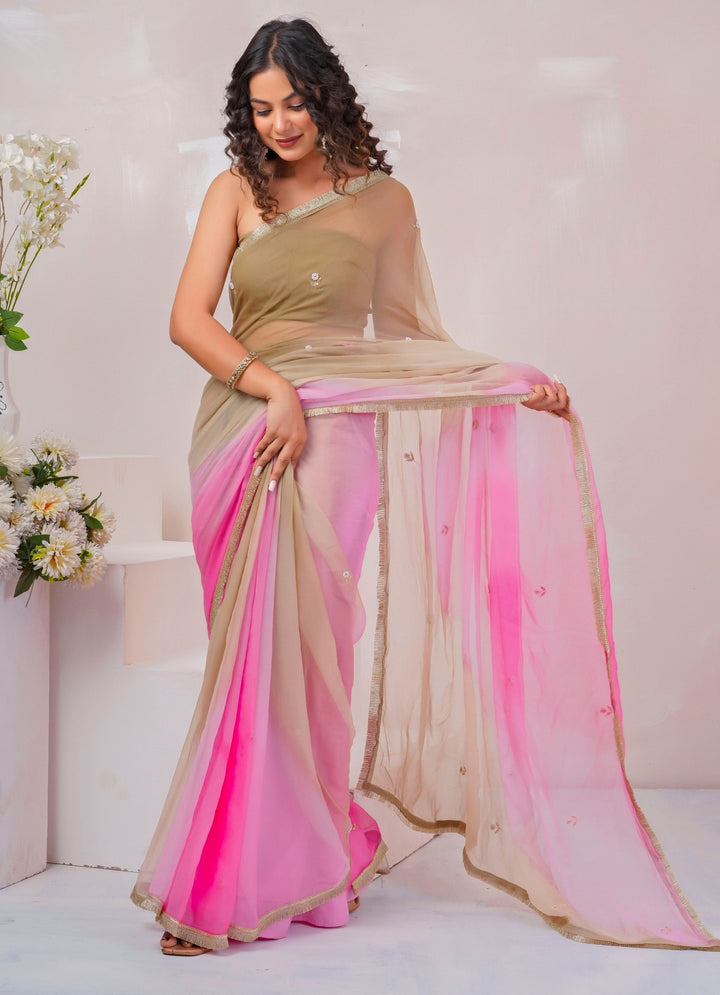 Beige &amp; Pink Shaded Chiffon Saree