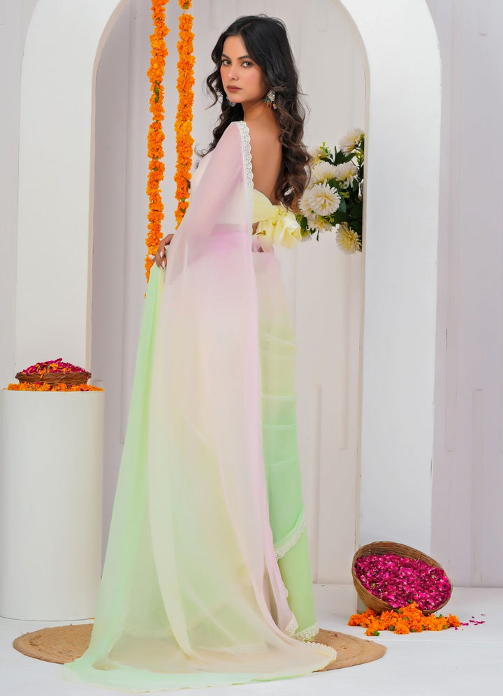 Pastel Pink And Green Shaded Chiffon Saree