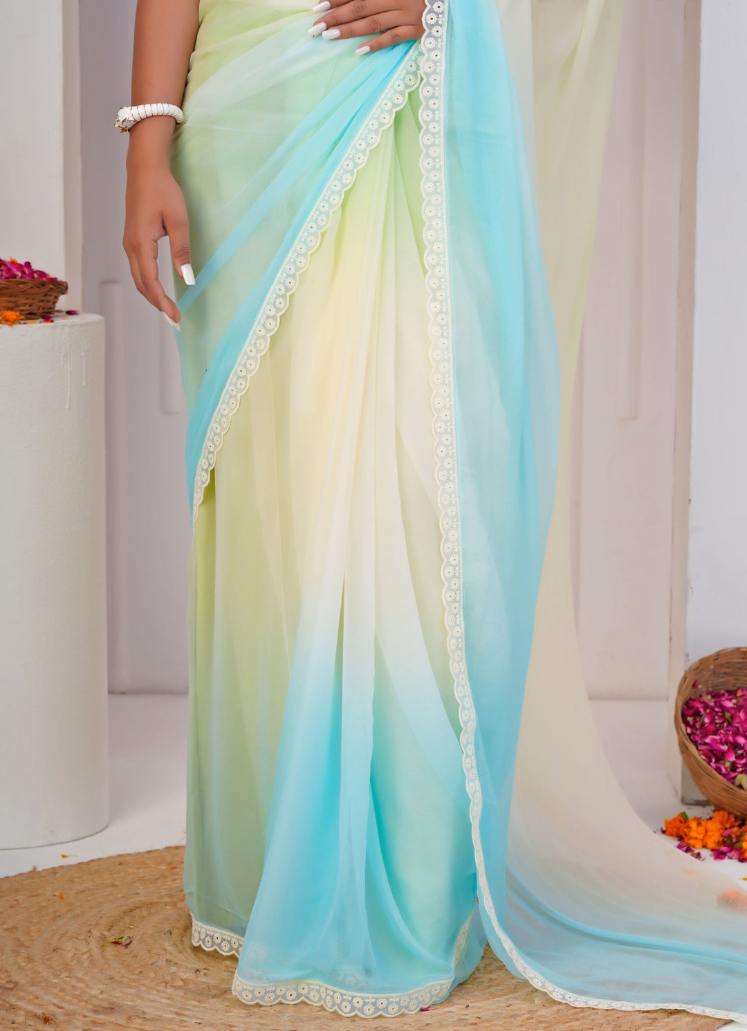 Pastel Yellow And Blue Shaded Chiffon Saree