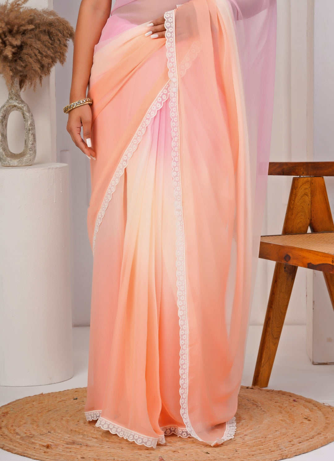 Pink And Peach Shaded Chiffon Saree