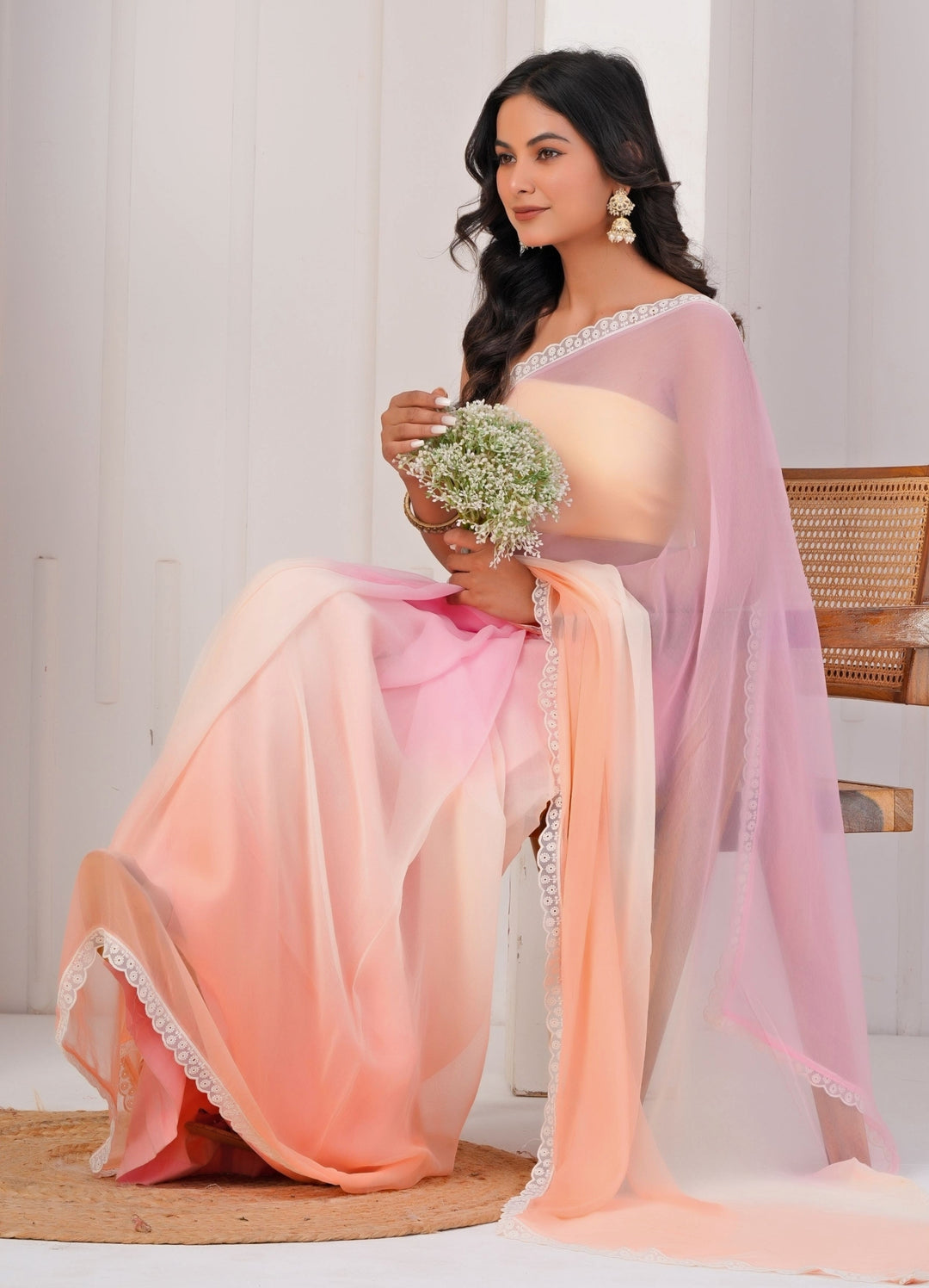 Pink And Peach Shaded Chiffon Saree