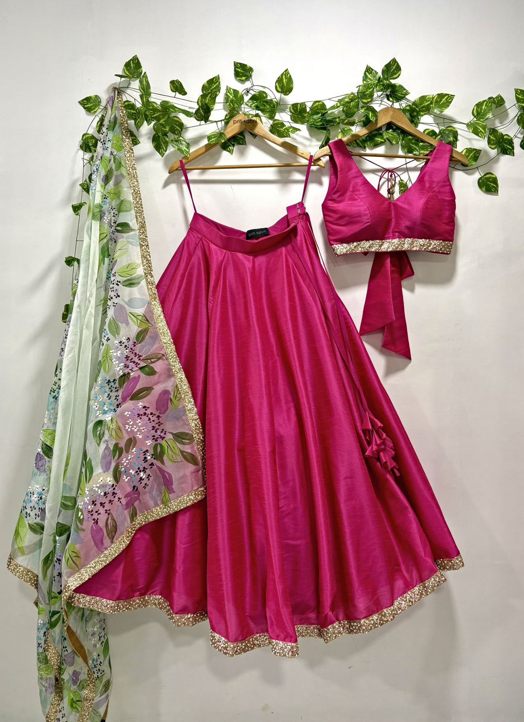 Hot Pink Silk Lehenga Set With Handpainted Dupatta