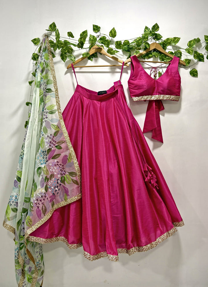 Hot Pink Silk Lehenga Set With Handpainted Dupatta