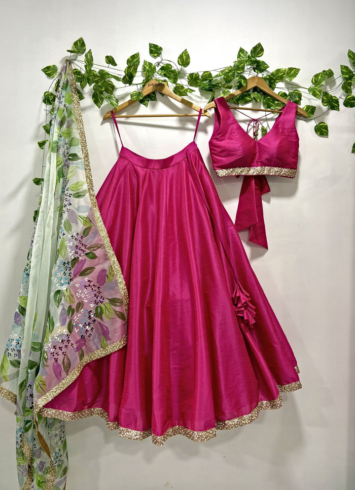 Hot Pink Silk Lehenga Set With Handpainted Dupatta