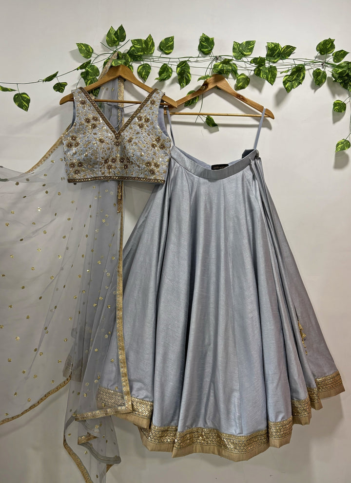 Bluish Grey Embroidered Raw Silk Lehenga Set