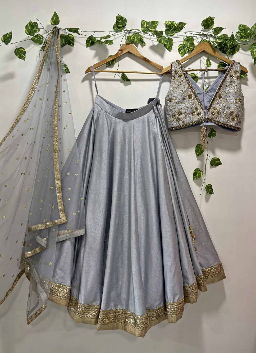 Bluish Grey Embroidered Raw Silk Lehenga Set
