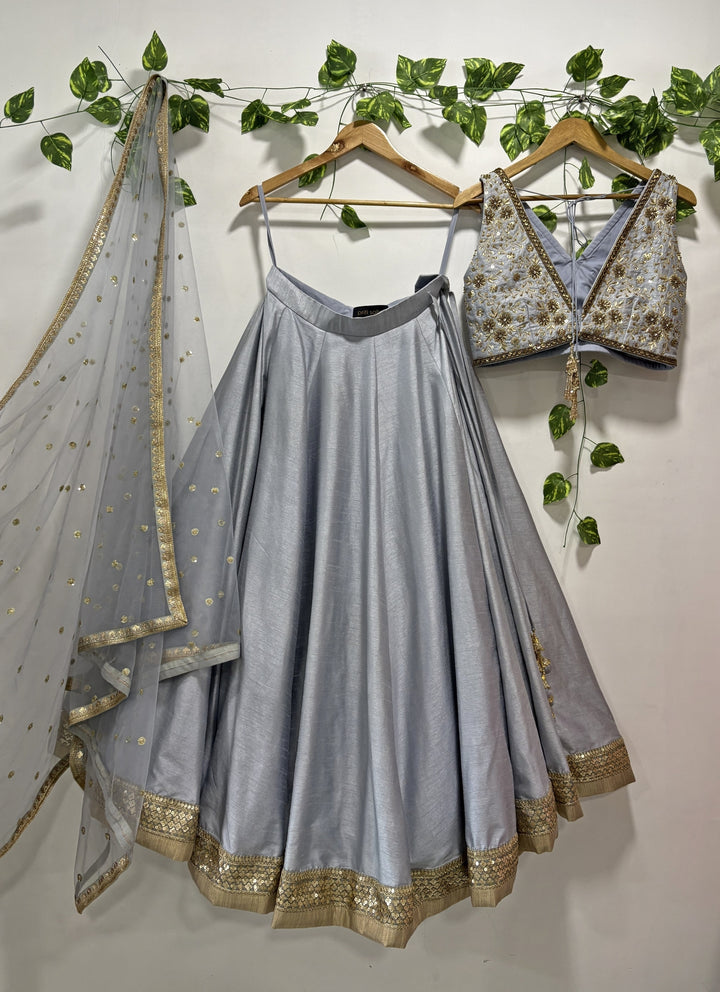 Bluish Grey Embroidered Raw Silk Lehenga Set