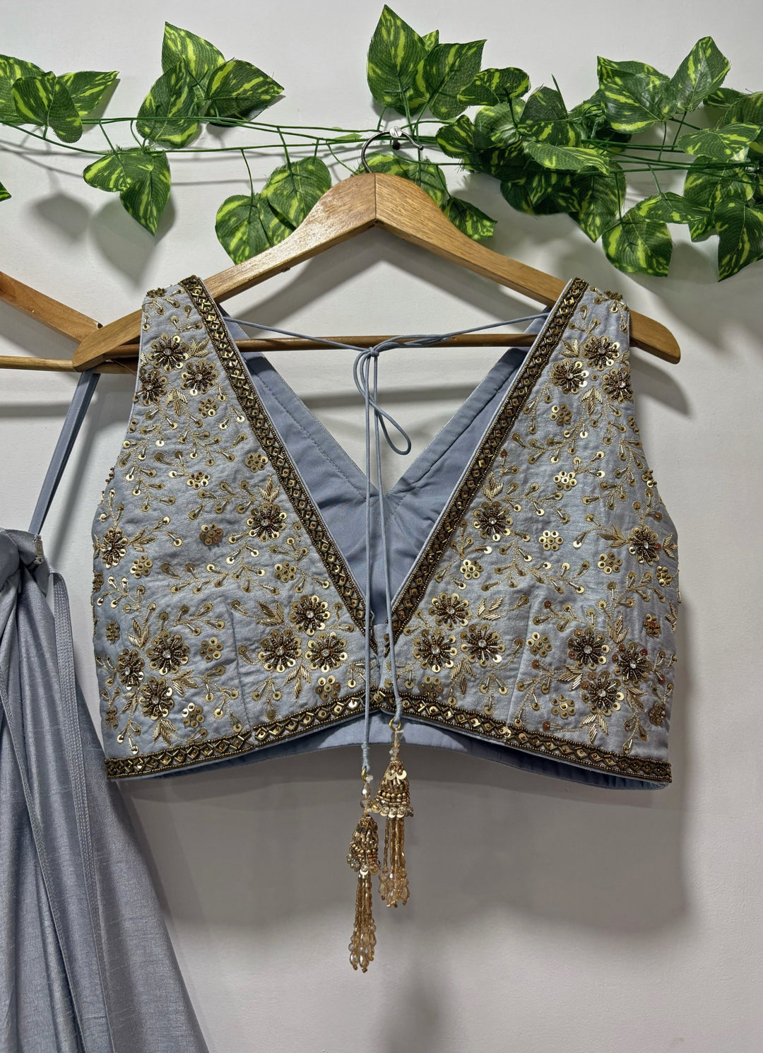 Bluish Grey Embroidered Raw Silk Lehenga Set