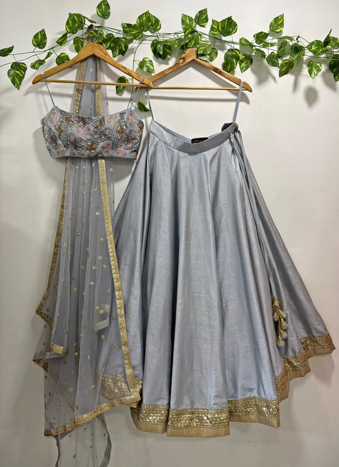 Bluish Grey Raw Silk Lehenga Set With Embroidered Bustier