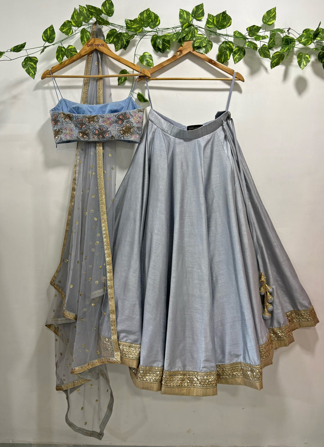 Bluish Grey Raw Silk Lehenga Set With Embroidered Bustier