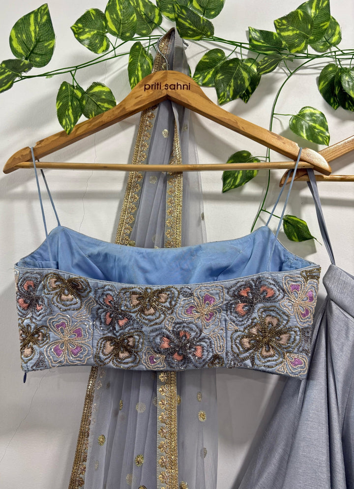 Bluish Grey Raw Silk Lehenga Set With Embroidered Bustier