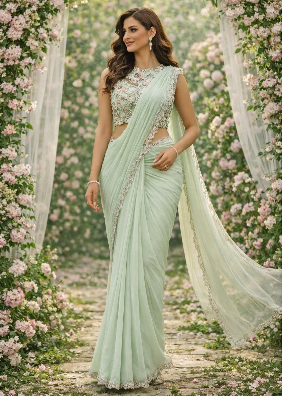 Mint Green Georgette Pre-Draped Saree