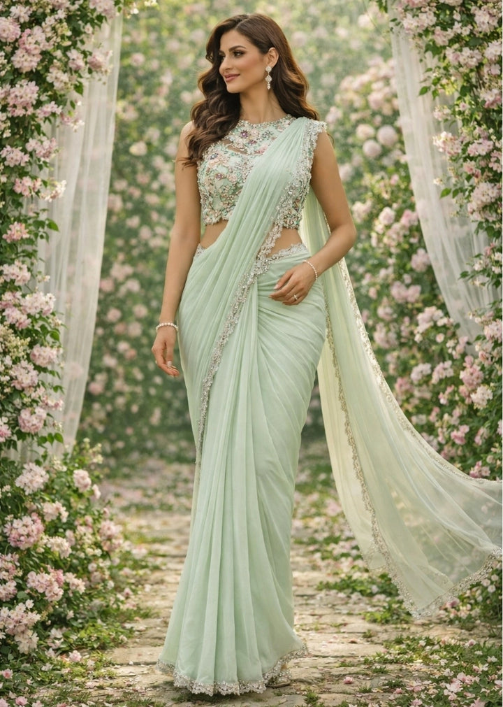 Mint Green Georgette Pre-Draped Saree