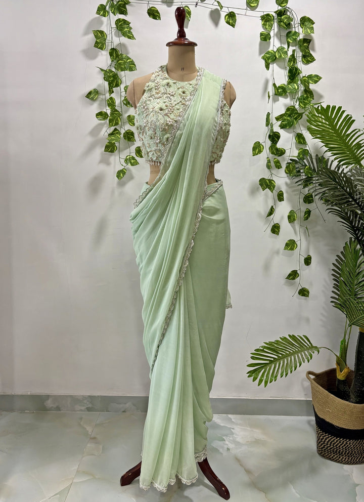 Mint Green Georgette Pre-Draped Saree