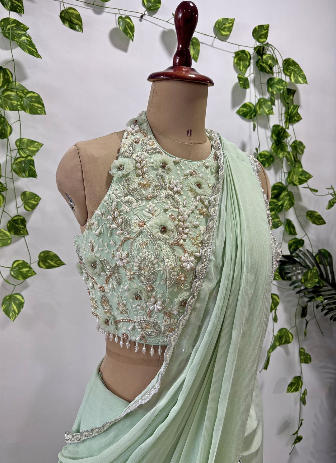 Mint Green Georgette Pre-Draped Saree